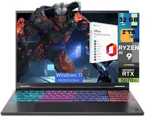 Acer Nitro 16S Gaming Laptop, 16" WQXGA 180Hz Display, AMD Ryzen AI 9 365 10-Cores Processor, NVIDIA GeForce RTX 5070 Ti 12 GB GDDR7, 32GB DDR5 2TB PCIe SSD, Windows 11 Pro, Office 2021 License Acer Nitro 16S Gaming Laptop, 16" WQXGA 180Hz Display, AMD Ryzen AI 9 365 10-Cores Processor, NVIDIA GeForce RTX 5070 Ti 12 GB GDDR7, 32GB DDR5 2TB PCIe SSD, Windows 11 Pro, Office 2021 License