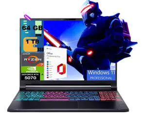 Acer Nitro V 16 Gaming Laptop, 16" WQXGA 180Hz Display, AMD 8-core Ryzen 7 260 Processor, NVIDIA GeForce RTX 5070 8GB GDDR7, 64GB DDR5 1TB PCIe SSD, Wi-Fi 6, Windows 11 Pro, Office 2021 License Acer Nitro V 16 Gaming Laptop, 16" WQXGA 180Hz Display, AMD 8-core Ryzen 7 260 Processor, NVIDIA GeForce RTX 5070 8GB GDDR7, 64GB DDR5 1TB PCIe SSD, Wi-Fi 6, Windows 11 Pro, Office 2021 License