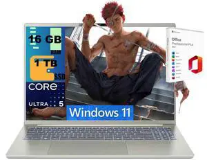 Acer Swift 16 Laptop, 16" WUXGA (1920x1200) OLED Touchscreen, Intel 6-core Ultra 5 322 Processor, Intel Graphics, 16GB DDR5 1TB PCIe SSD, Wi-Fi 7, Windows 11 Home, Office 2021 License Acer Swift 16 Laptop, 16" WUXGA (1920x1200) OLED Touchscreen, Intel 6-core Ultra 5 322 Processor, Intel Graphics, 16GB DDR5 1TB PCIe SSD, Wi-Fi 7, Windows 11 Home, Office 2021 License