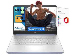 HP 14 Laptop, 14.0" HD Display, Intel Celeron N4500 2 cores processor, Intel UHD Graphics, 64GB DDR4 2TB PCIe SSD, WiFi 6, Webcam, Bluetooth 5.4, Windows 11, Office 2021 License HP 14 Laptop, 14.0" HD Display, Intel Celeron N4500 2 cores processor, Intel UHD Graphics, 64GB DDR4 2TB PCIe SSD, WiFi 6, Webcam, Bluetooth 5.4, Windows 11, Office 2021 License