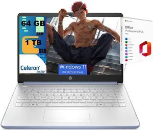 HP 14 Laptop, 14.0" HD Display, Intel Celeron N4500 2 cores processor, Intel UHD Graphics, 64GB DDR4 1TB PCIe SSD, WiFi 6, Webcam, Bluetooth 5.4, Windows 11 Pro, Office 2021 License HP 14 Laptop, 14.0" HD Display, Intel Celeron N4500 2 cores processor, Intel UHD Graphics, 64GB DDR4 1TB PCIe SSD, WiFi 6, Webcam, Bluetooth 5.4, Windows 11 Pro, Office 2021 License