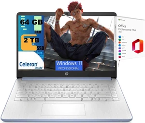HP 14 Laptop, 14.0" HD Display, Intel Celeron N4500 2 cores processor, Intel UHD Graphics, 64GB DDR4 2TB PCIe SSD, WiFi 6, Webcam, Bluetooth 5.4, Windows 11 Pro, Office 2021 License HP 14 Laptop, 14.0" HD Display, Intel Celeron N4500 2 cores processor, Intel UHD Graphics, 64GB DDR4 2TB PCIe SSD, WiFi 6, Webcam, Bluetooth 5.4, Windows 11 Pro, Office 2021 License