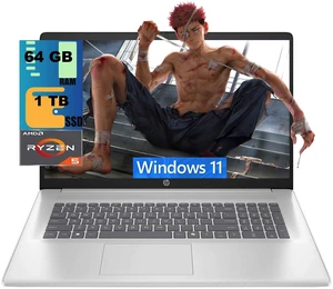 HP 17 Business Laptop, 17.3" FHD (1920 x 1080) Display, AMD Ryzen 5 7430U 6 cores Processor, AMD Radeon Graphics, 64GB DDR4  1TB PCIe SSD, Webcam, Wi-Fi 6, Windows 11