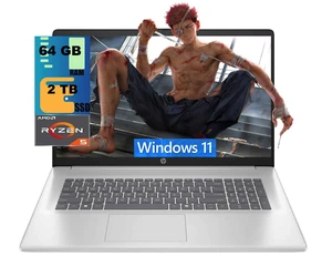 HP 17 Business Laptop, 17.3" FHD (1920 x 1080) Display, AMD Ryzen 5 7430U 6 cores Processor, AMD Radeon Graphics, 64GB DDR4  2TB PCIe SSD, Webcam, Wi-Fi 6, Windows 11