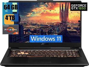 ASUS TUF Gaming A17 Gaming Laptop, 17.3" Full HD 144Hz Display, AMD Ryzen 5 4600H 6-core Processor, GeForce GTX 1650 4GB GDDR6 Graphics, 64GB DDR4  4TB PCIe SSD, RGB Keyboard, Windows 11