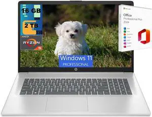 HP 17 Laptop, 17.3" FHD (1920 x 1080) Display, AMD Ryzen 5 7430U 6 cores Processor, AMD Radeon Graphics, 16GB DDR4  2TB PCIe SSD, HD Webcam, Wi-Fi 6, Windows 11 Pro ,Office 2024 License