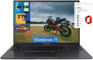 ASUS VivoBook 16 Laptop, 16" WUXGA (1920 x 1200) Display, AMD Ryzen 7 7730U 8 Cores Processor, AMD Radeon Graphics, 40GB DDR4  2TB PCIe SSD, Wi-Fi 6E, Windows 11 ,Office 2024 License