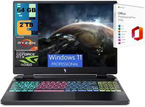 Acer Nitro 16 Gaming Laptop, 16" WUXGA 165Hz, AMD Ryzen 7 7840HS Octa-Core Processor, NVIDIA GeForce RTX 4050 6 GB, 64GB DDR5  2TB PCIe SSD, RGB Backlit KB, Windows 11 Pro ,Office 2024 License
