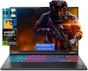 Acer Nitro 16S Gaming Laptop, 16" WUXGA 180Hz Display, AMD Ryzen AI 7 350 8-core Processor, NVIDIA GeForce RTX 5060 8 GB GDDR7, 32GB DDR5 1 TB PCIe SSD, Wi-Fi 6E, Windows 11 Pro Acer Nitro 16S Gaming Laptop, 16" WUXGA 180Hz Display, AMD Ryzen AI 7 350 8-core Processor, NVIDIA GeForce RTX 5060 8 GB GDDR7, 32GB DDR5 1 TB PCIe SSD, Wi-Fi 6E, Windows 11 Pro