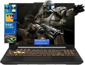 ASUS TUF F16 Gaming Laptop, 16" FHD+ 144Hz, Intel Core 5 210H 8 Cores Processor, NVIDIA GeForce RTX 4050 6GB GDDR6 Graphics, 64GB DDR5 1 TB PCIe SSD, RGB Backlit KB, Windows 11 Pro ASUS TUF F16 Gaming Laptop, 16" FHD+ 144Hz, Intel Core 5 210H 8 Cores Processor, NVIDIA GeForce RTX 4050 6GB GDDR6 Graphics, 64GB DDR5 1 TB PCIe SSD, RGB Backlit KB, Windows 11 Pro