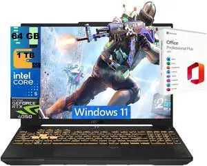 ASUS TUF F16 Gaming Laptop, 16" FHD+ 144Hz, Intel Core 5 210H 8 Cores Processor, GeForce RTX 4050 6GB GDDR6 Graphics, 64GB DDR5 1 TB PCIe SSD, RGB Backlit KB, Windows 11, Office 2021 License ASUS TUF F16 Gaming Laptop, 16" FHD+ 144Hz, Intel Core 5 210H 8 Cores Processor, GeForce RTX 4050 6GB GDDR6 Graphics, 64GB DDR5 1 TB PCIe SSD, RGB Backlit KB, Windows 11, Office 2021 License