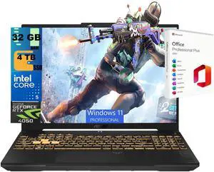 ASUS TUF F16 Gaming Laptop, 16" FHD+ 144Hz, Intel Core 5 210H 8 Cores Processor, GeForce RTX 4050 6GB GDDR6 Graphics, 32GB DDR5 4 TB PCIe SSD, RGB Backlit KB, Windows 11 Pro, Office 2021 License ASUS TUF F16 Gaming Laptop, 16" FHD+ 144Hz, Intel Core 5 210H 8 Cores Processor, GeForce RTX 4050 6GB GDDR6 Graphics, 32GB DDR5 4 TB PCIe SSD, RGB Backlit KB, Windows 11 Pro, Office 2021 License