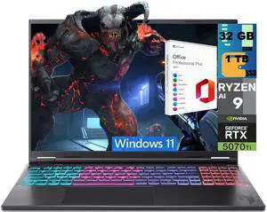 Acer Nitro 16S Gaming Laptop, 16" WQXGA 180Hz Display, AMD Ryzen AI 9 365 10-Cores Processor, NVIDIA GeForce RTX 5070 Ti 12 GB GDDR7, 32GB DDR5 1 TB PCIe SSD, Windows 11, Office 2021 License Acer Nitro 16S Gaming Laptop, 16" WQXGA 180Hz Display, AMD Ryzen AI 9 365 10-Cores Processor, NVIDIA GeForce RTX 5070 Ti 12 GB GDDR7, 32GB DDR5 1 TB PCIe SSD, Windows 11, Office 2021 License
