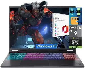Acer Nitro 16S Gaming Laptop, 16" WQXGA 180Hz Display, AMD Ryzen AI 9 365 10-Cores Processor, NVIDIA GeForce RTX 5070 Ti 12 GB GDDR7, 64GB DDR5 1 TB PCIe SSD, Windows 11, Office 2021 License Acer Nitro 16S Gaming Laptop, 16" WQXGA 180Hz Display, AMD Ryzen AI 9 365 10-Cores Processor, NVIDIA GeForce RTX 5070 Ti 12 GB GDDR7, 64GB DDR5 1 TB PCIe SSD, Windows 11, Office 2021 License