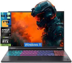 Acer Nitro V 16S Gaming Laptop, 16" WQXGA 180Hz Display, AMD Ryzen AI 7 350 8 cores Processor, NVIDIA GeForce RTX 5070 Ti 12 GB GDDR7, 64GB DDR5 1 TB PCIe SSD, Wi-Fi 6E, Windows 11 Acer Nitro V 16S Gaming Laptop, 16" WQXGA 180Hz Display, AMD Ryzen AI 7 350 8 cores Processor, NVIDIA GeForce RTX 5070 Ti 12 GB GDDR7, 64GB DDR5 1 TB PCIe SSD, Wi-Fi 6E, Windows 11