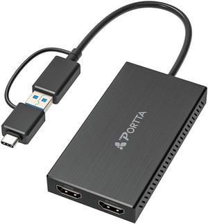 PORTTA USB to Dual HDMI Adapter, USB A/C to 2x HDMI Displays (1x 4K30Hz, 1x 1080p), Integrated USB-A to C Dongle, 4in/11cm Cable, USB 3.0 to HDMI Display Adapter, Windows & macOS