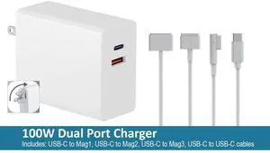 GREENTECH 100W USB-C CHARGER FOR MACBOOK PRO, MACBOOK AIR, MACBOOK, IPAD, IPHONE COMPATIBLE WITH MXN53AM/A MW2L3AM/A MC556LL/B MYH83LL/A MW2G3AM/A - INCLUDES USB-C, MAG1, MAG2, MAG3 CABLES