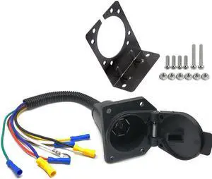 CARROFIX 7 Way RV-Style Trailer Connector Socket with Wiring Harness and Mounting Bracket