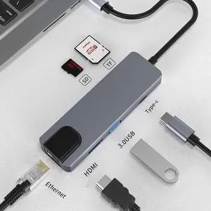 USB C Hub Adapter, 6 in 1 Type C Hub with Gigabit Ethernet Port , 4K USB C to HDMI, 2 USB 3.0 Ports, 65W USB C PD Charging,SD/TF Card Reader,for MacBook Pro XPS More Type C Devices