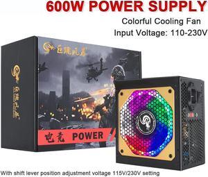 110-230V RGB PSU 20+4Pin 12V ATX 600W E-Sports Video Game Computer Power Supply Colorful Cooling Fan