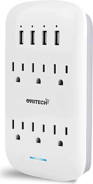 Oviitech 6 Outlet Extender with 4 USB Charging Ports(4.2A Total),Wall Mount Outlet Plugs 900 Joules Wall Surge Protector And Top Phone Holder,ETL Listed,White.