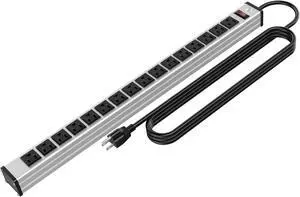 16 Outlets Heavy Duty Metal Socket Power Strip,Oviitech 15-Foot Long Extension Cord with Circuit Breaker. Mounting Brackets Included,Workshop/Industrial use, ETL Certified,Black