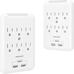 Multi-Function Wall Mount Outlet Adapter, Surge Protector Charging Station, OviiTech Dual 2.1AMP USB Charging Ports,6 AC Socket Outlet Splitter Plugs,White,ETL Certified,2 Pack