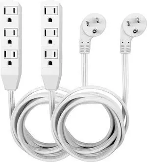 8 Foot Flat Plug Extension Cord, Basics Indoor 3 Prong Grounded Wire, Angled Plug, White, UL Listed 2PK