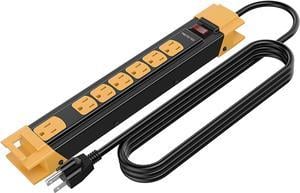 Oviitech 7 Outlets Mountable Heavy Duty Surge Protector Metal Power Strip ,900 Joules,15A Circuit Breaker with 6 Foot Long Extension Cord, Yellow&Black,ETL Listed