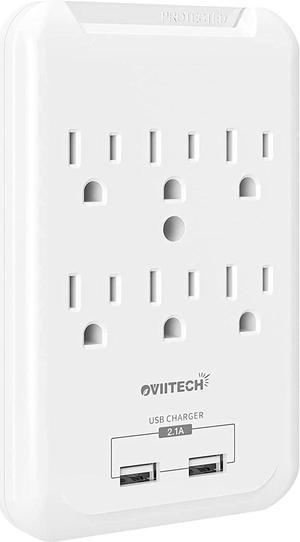 Multi-Function Wall Mount Outlet Adapter, Surge Protector Charging Station, OviiTech Dual 2.1AMP USB Charging Ports,6 AC Socket Outlet Splitter Plugs,White,ETL Certified