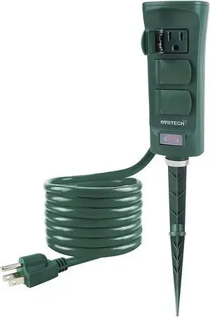 Oviitech 6-Outlet Outdoor Yard Power Stake with Weatherproof Cover and ON/Off Switch,9 Ft Long Extension Cord Power Strip, Weather Resistant, ETL Certified, Green