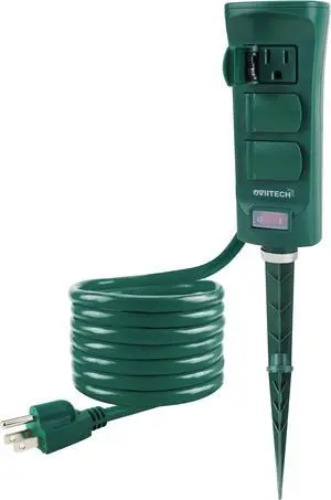 Outdoor Power Strip Weatherproof with 6 Foot Extension Cord, 6-Outlet Yard Power Stake with ON/Off Switch, ETL Certified, Green