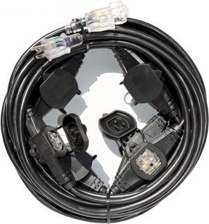 50FT Power Extension Cord 3 Prong, 14 Gauge SJTW 5-15R Cable Male Plug to Female Connector,7 Outlet Cable,Multiple Evenly-Spaced Plug,Suitable for Stage Setting or Outdoor,UL Certified Outlet Cable