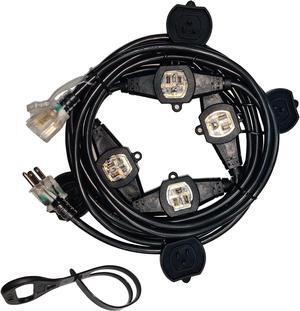 25FT Power Extension Cord 3 Prong, 14 Gauge SJTW 5-15R Cable Male Plug to Female Connector,5 Outlet Cable,Multiple Evenly-Spaced Plug,Suitable for Stage Setting or Outdoor,UL Certified Outlet Cable