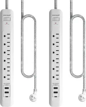 Oviitech Surge Protector Power Strip with USB Port,6 AC Outlets with 3 USB Ports Power Strip(2 usb-A,1 usb-C),5FT Extension Cord Flat Plug for Home, Office, Travel and Dorm Room,White,2 pack,ETL Liste