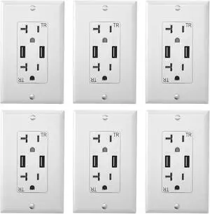 Outlet with USB High Speed Charger 4.2A Charging Capability,20 Amp Tamper-Resistant Receptacle Wall Socket USB Outlet,ETL Listed,Wall Plate Included,White(6 Pack)
