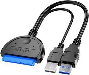 USB to SATA Adapter, SATA to USB Cable for 2.5 Inch External Hard Disk Driver USB 3.0 SATA Adapter for SSD and HDD, Support UASP for PC Laptop (Double USB Blue)