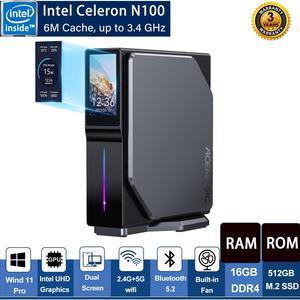 Office PC S1 Mini PC with LCD Screen, Intel Alder Lake-N100 (up to 3.4GHz), 16GB DDR4 512GB M.2 SSD Vertical Mini Computer, Mini Tower PC with RGB Light, WiFi 5/BT 4.2/4K UHD/Dual LAN for Home/Office.