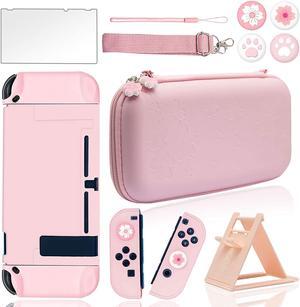 BRHE Cute Travel Carrying Case for Nintendo Switch Accessories Kit with Hard Protective Cover, Glass Screen Protector, Adjustable Stand and Thumb Grip Caps 10 in 1(Switch Pink)