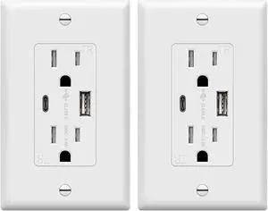 TOPGREENER USB Outlet, Type C USB Wall Outlet, 15 Amp Tamper Resistant Receptacle Plug, Charging Power Outlet with USB Ports, Wall Plate Included, UL Listed, TU21536AC-W-2PCS, White, 2 Pack