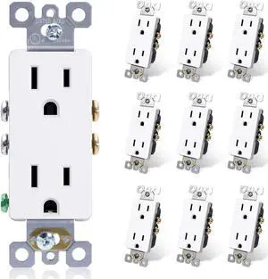 ELEGRP Decorator Receptacle, 15A 125V Standard Electrical Wall Outlet, 2 Pole 3 Wire, Non- Tamper Resistant, NEMA 5-15R, Self-Grounding Residential Grade Outlet, UL (Glossy White, 10 Pack)