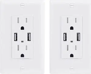 2 Pack 4.8A Wall Outlet With USB Ports - 15Amp Duplex Tamper Resistant Charger, UL Listed, Electrical Receptacle With Dual USB, White