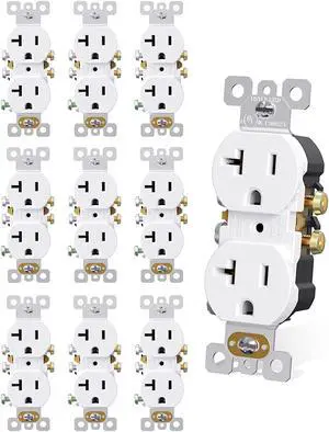 AIDA 20 Amps Outlets Duplex Electrical Receptacle Outlets, Electrical Outlet, 20Amp 125V Heavy-Duty Wall Outlet, Residential, 3-Wire, Self-Grounding, UL Listed, Side Wire (10 Pack, White)