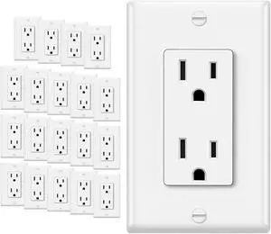 ELECTECK 20 Pack Standard Decorator Electrical Wall Receptacle Outlet, 15A 125V, 2 Pole 3 Wire, Non-Tamper Resistant, Wallplate Included, Residential and Commercial Use, UL Listed, White
