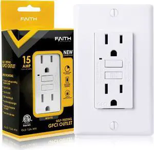 Faith 15A GFCI Outlet, ETL Listed, Non-Tamper-Resistant GFI Duplex Receptacle with LED Indicator, Self-Test Ground Fault Circuit Interrupter with Wall Plate, White