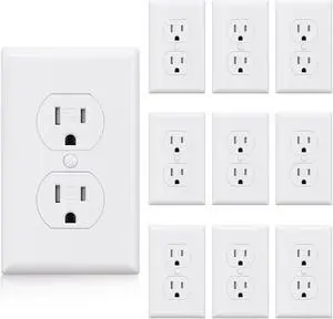 ELEGRP Tamper-Resistant Duplex Receptacle, 15A 125V Standard Electrical Duplex Wall Outlet, 2 Pole 3 Wire, 5-15R, Self-Grounding, Residential Grade, w/Wall Plate, UL Listed (Glossy White, 10 Pack)