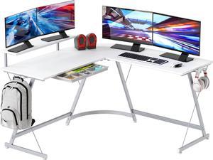 SHW L-Shape Computer Gaming Desk with Monitor Stand for Home Office, White