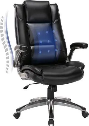 Leather Executive Office Chair - High Back Home Computer Desk Chair with Padded Flip-up Arms, Adjustable Tilt Lock, Swivel Rolling Ergonomic Chair for Adult Working Study, Black