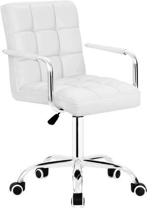 JUMMICO Desk Modern Office Chair with Wheels Vanity Chair PU Leather Mid-Back Rolling Cute for Office, Teen, and Bedroom Desks (White)