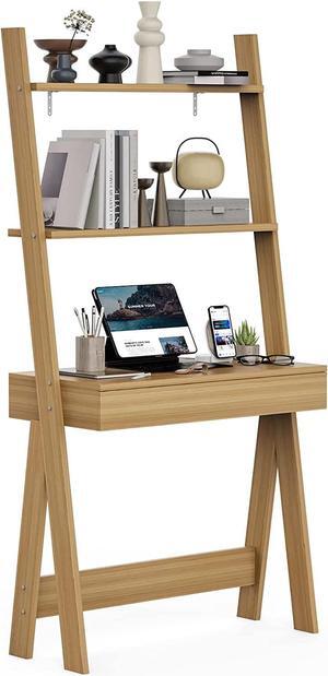 Giantex 3 Tier Ladder Desk with Drawer, 33" Width Ladder Shelf with Anti-Tipping Device, Freestanding Bookshelf, Natural Leaning Computer Desk with Shelves for Small Space